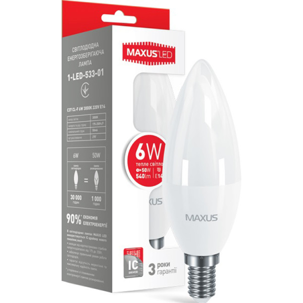 

Лампа светодиодная MAXUS C37 6W 3000K 220V E14 (1-LED-533-01)