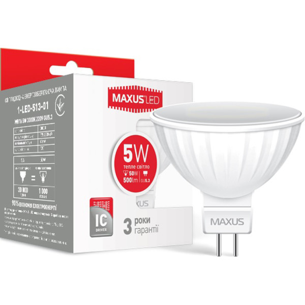 

Лампа светодиодная MAXUS MR16 5W 3000K 220V GU5.3 AP (1-LED-513-01)