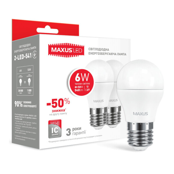 

Лампа светодиодная MAXUS G45 6W 220V E27 (по 2 шт.) (2-LED-541)