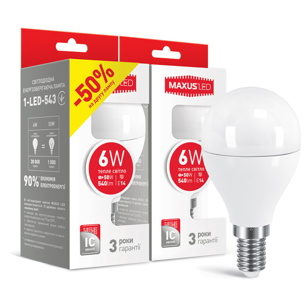 

Лампа светодиодная MAXUS G45 6W 3000К E14 (2-LED-543)