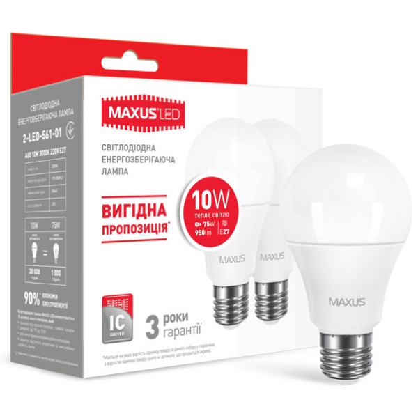 

Лампа светодиодная MAXUS A60 10W 3000K 220V E27 (по 2 шт.) (2-LED-561-01)