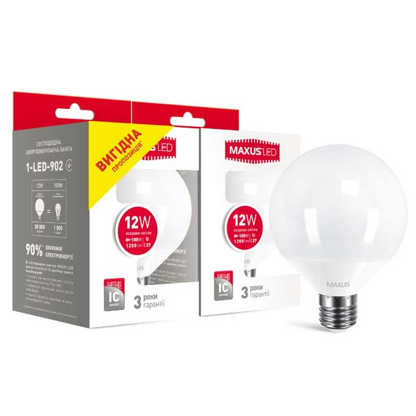 

Лампа светодиодная MAXUS G95 12W 4100K 220V E27 (по 2шт.)