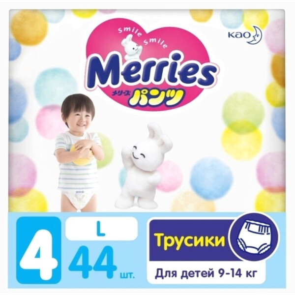 

Трусики-подгузники для детей Merries, размер L 9-14 кг, 44 шт