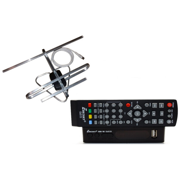 

Комплект Т2-телевидения: тюнер DVB-T2 с функциями медиаплеера и IPTV/WebTV-плеера Eurosky ES-15+ антенна для Т2 комнатная с усилителем A-sus (прием сигнала до 25 км от ретранслятора)