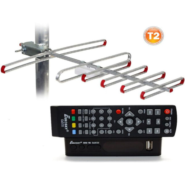 Акція на Комплект Т2-телевидения: тюнер DVB-T2 с функциями медиаплеера и IPTV/WebTV-плеера Eurosky ES-15+ антенна для Т2 внешняя SUPER 4 (прием сигнала до 40 км от ретранслятора) від Allo UA
