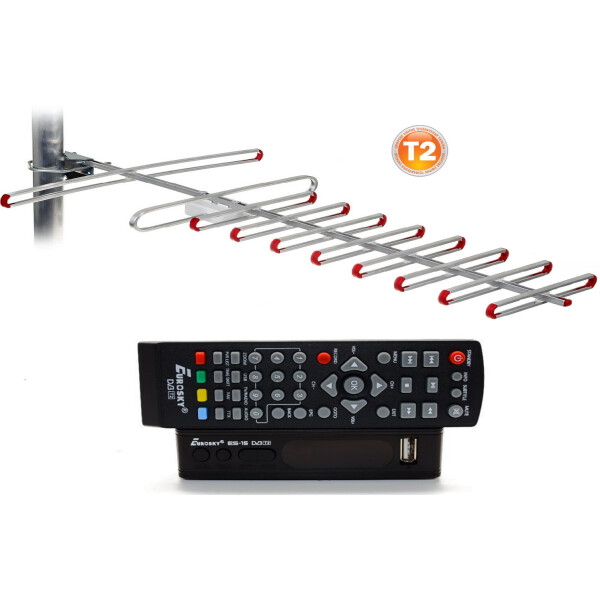 Акция на Комплект Т2-телевидения: тюнер DVB-T2 с функциями медиаплеера и IPTV/WebTV-плеера Eurosky ES-15+ Внешняя ТВ антенна Eurosky Фаворит/Favorit с усилителем ( прием сигнала до 55 км от ретранслятора) от Allo UA