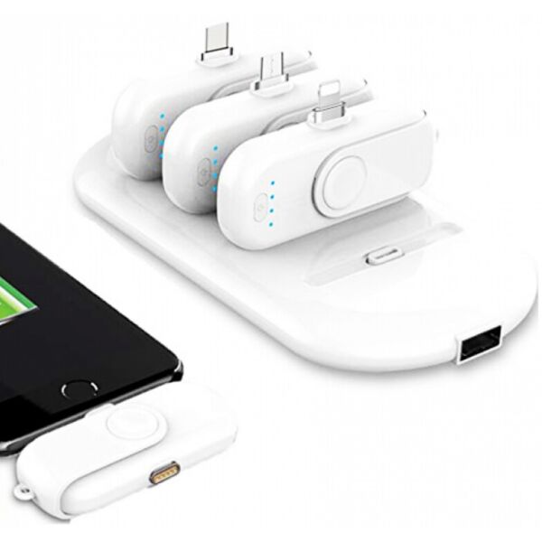 

Зарядная док станция MAGNETIC Power Bank 5000mAh со съемными аккумуляторами (4 X 1000mAh) 3 магнитных адаптера Micro USB/Type-C/Lightning для зарядки смартфона Белая