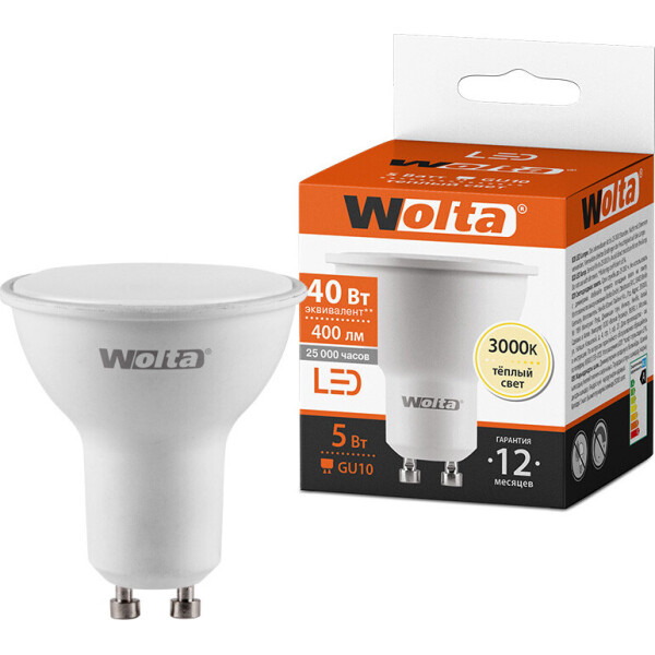 

Лампа светодиодная Wolta 5Вт GU10, теплый (25YPAR16-230-5GU10)