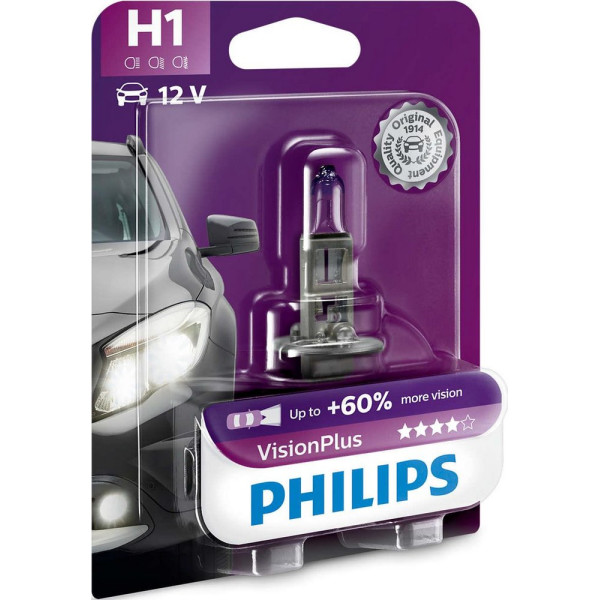 

Автолампа галогенная Philips H1 VisionPlus, 1шт/блистер (12258VPB1)