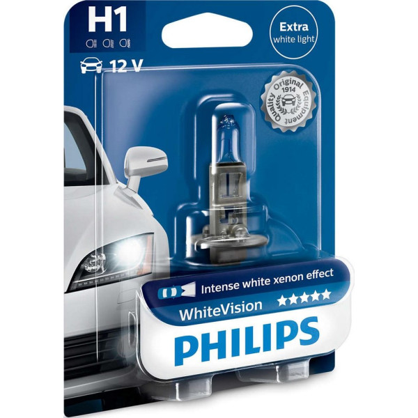 

Автолампа галогенная Philips H1 WhiteVision +60%, 4300K, 1шт/блистер (12258WHVB1)