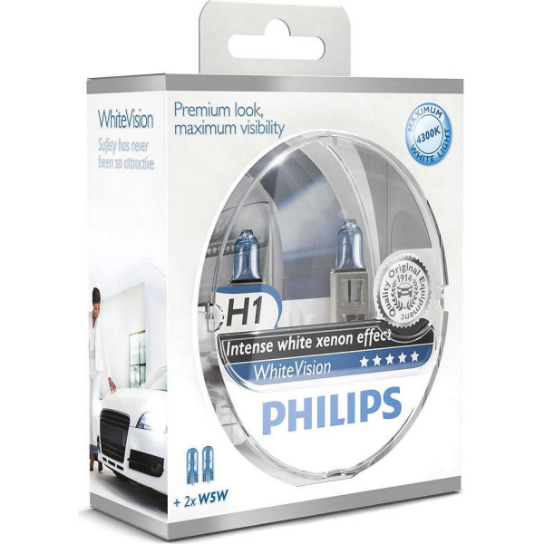 

Автолампа галогенная Philips H1 WhiteVision +60%, 4300K, 2шт/блистер (12258WHVSM)