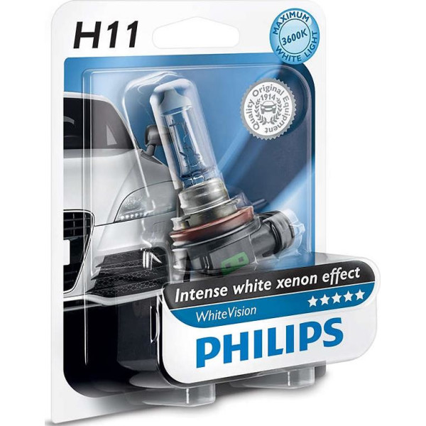 

Автолампа галогенная Philips H11 WhiteVision +60%, 3700K, 1шт/блистер (12362WHVB1)