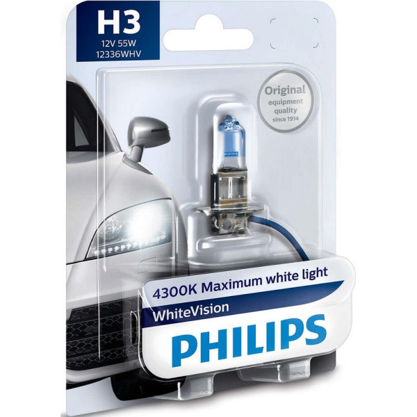 

Автолампа галогенная Philips H3 WhiteVision +60%, 3700K, 1шт/блистер (12336WHVB1)