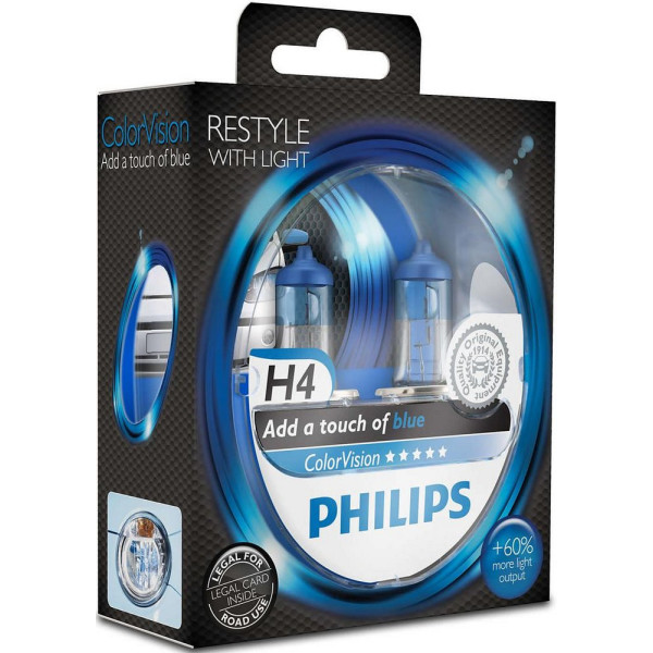 

Автолампа галогенная Philips H4 ColorVision Blue, 3350K, 2шт/блистер (12342CVPBS2)