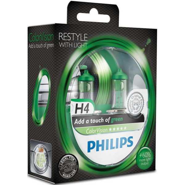 

Автолампа галогенная Philips H4 ColorVision Green, 3350K, 2шт/блистер (12342CVPGS2)