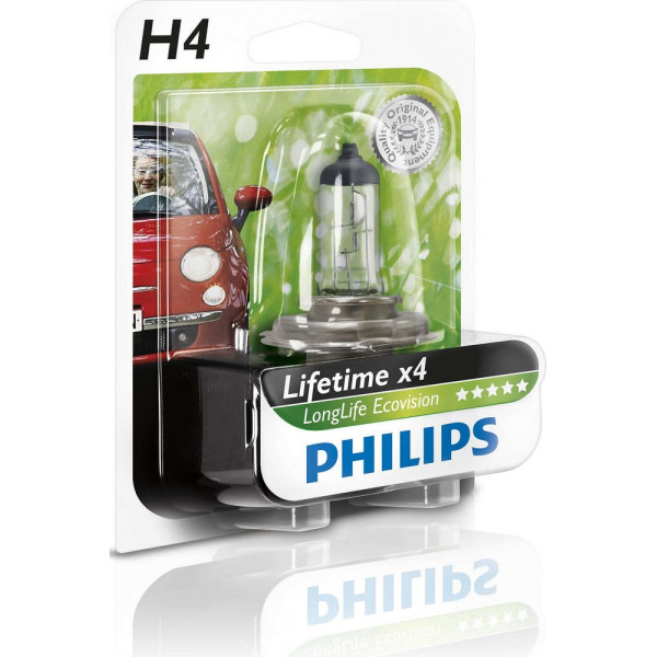 

Автолампа галогенная Philips H4 LongLife EcoVision, 1шт/блистер (12342LLECOB1)