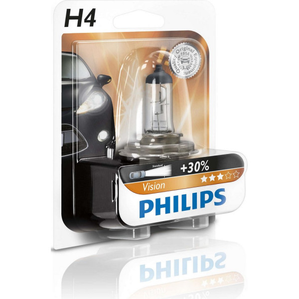 

Автолампа галогенная Philips H4 Vision, 3200K, 1шт/блистер (12342PRB1)