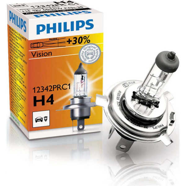 

Автолампа галогенная Philips H4 Vision, 3200K, 1шт/картон (12342PRC1)