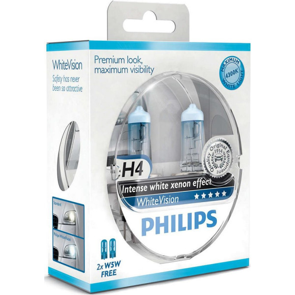 

Автолампа галогенная Philips H4 WhiteVision +60%, 3700K, 2шт/блистер (12342WHVSM)
