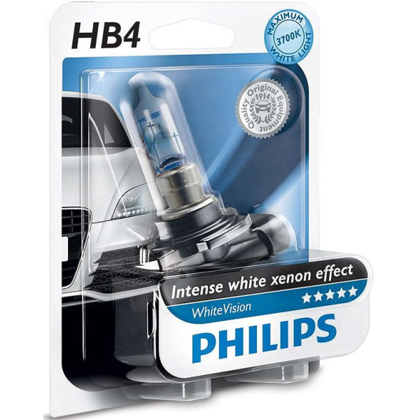 

Автолампа галогенная Philips HB4 WhiteVision +60%, 3700K, 1шт/блистер (9006WHVB1)
