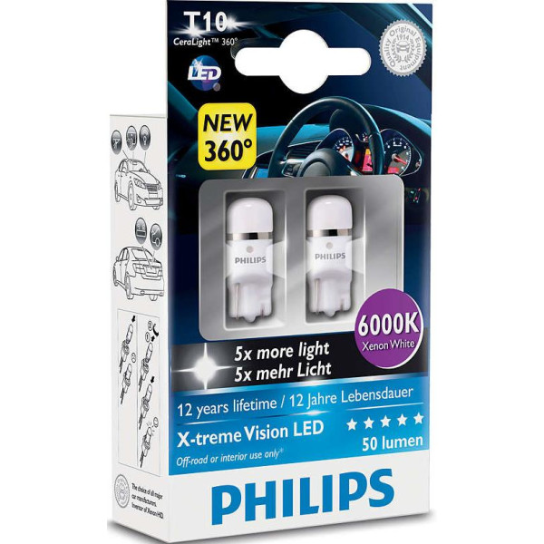 

Светодиодная автолампа Philips W5W X-Treme Vision LED 6000K, 2шт (127996000KX2)