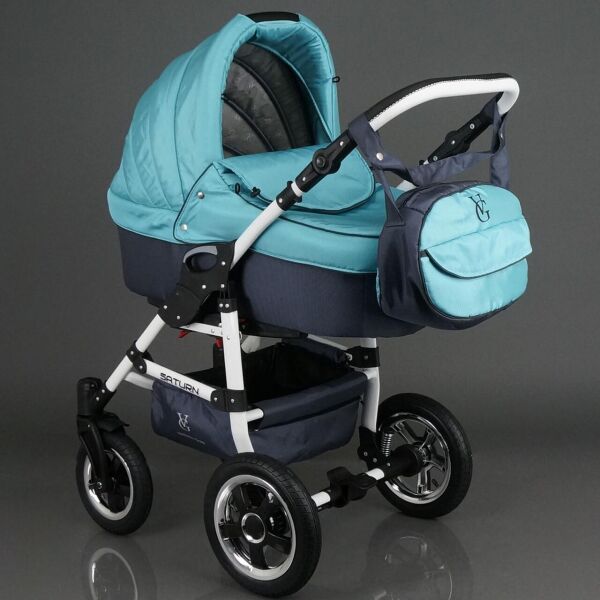 

Коляска для новорожденных детей Saturn 0140-С10 цвет БИРЮЗОВЫЙ С СЕРЫМ. белая рама