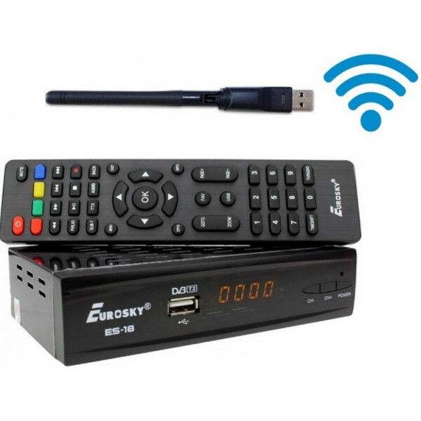 

Комплект цифрового телевидения Т2 (ТВ-ресивер Eurosky ES 18 DVB-T2 Metall+INTERNET+ WiFi-адаптер на чипе 7601)