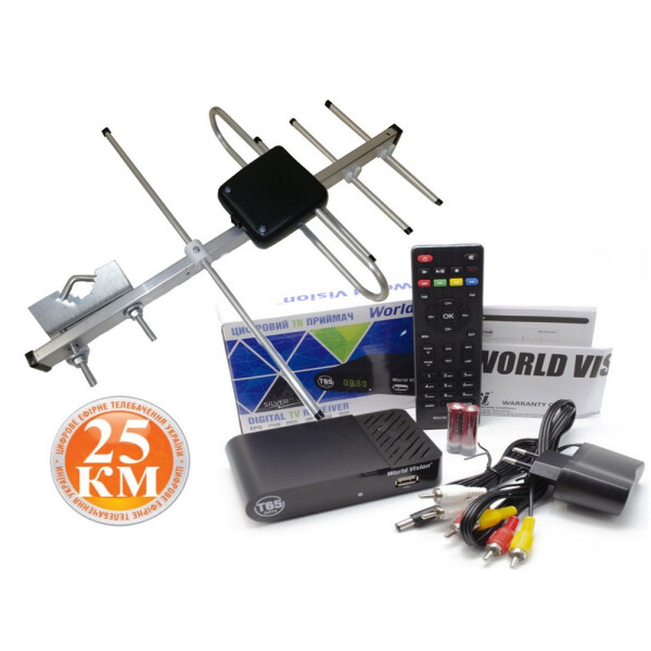 

Дачный комплект DVB-T2 (телевидение в квартиру, на дачу, в гараж) тюнер/ресивер World Vision WV T65 + Внешняя антенна DVB-T2 Волна 1-0.4 25км