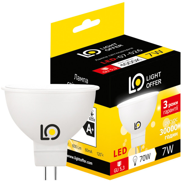 

Лампа светодиодная Light Offer MR16 7W GU5.3 4000K 600 (LЕD-07-026)