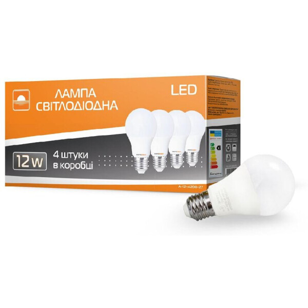 Акція на Лампа светодиодная ЕВРОСВЕТ 4 шт 12Вт 4200К A-12-4200-27 Е27 (56702) від Allo UA
