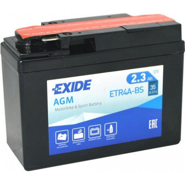 

Автомобильный аккумулятор Exide 2,3Ah-12v AGM (ETR4A-BS) (113х48х85) R, EN35