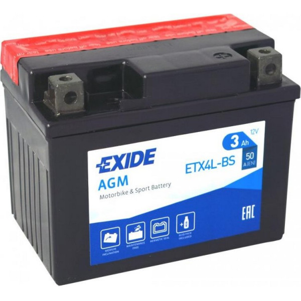 

Автомобильный аккумулятор Exide 3Ah-12v AGM (ETX4L-BS) (113х70х85) R, EN50