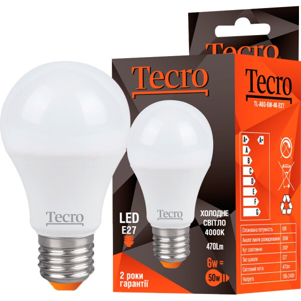 

Лампа светодиодная TECRO TL A60 6W 4K E27