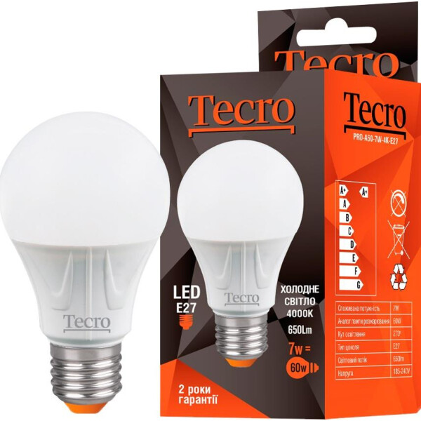

Лампа светодиодная TECRO PRO A60 7W 4K E27