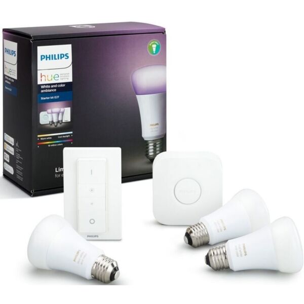 

Лампа светодиодная-смарт Philips Hue Color RGB, стартовый комплект (Bridge, Dimmer, лампа E27 3 шт) (929002216825)