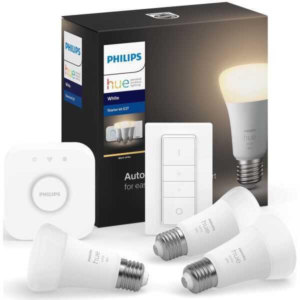 

Лампа светодиодная-смарт Philips Hue 2700 K White, стартовый комплект (Bridge, Dimmer, лампа E27 3 шт) (929001821620)