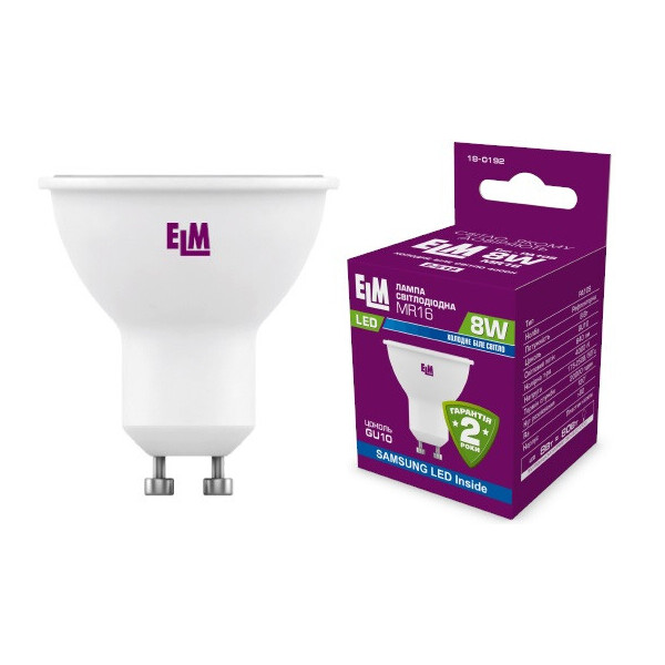 

Лампа светодиодная ELM MR16 8W PA10S GU10 4000 120гр. (18-0192)