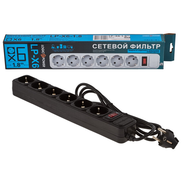 

Сетевой фильтр 6 розеток 1,8 м черный (LP-X6)