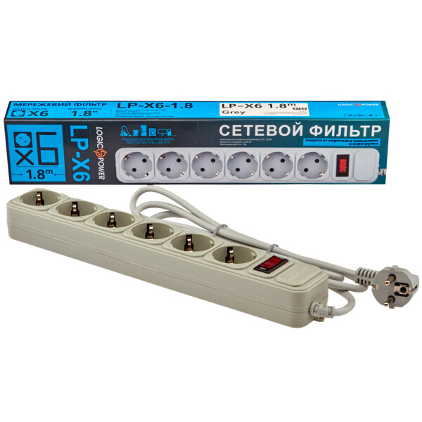 

Сетевой фильтр 6 розеток 1,8 м серый (LP-X6)