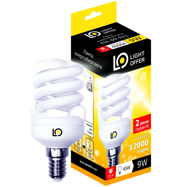 

Лампа энергосберегающая Light Offer Т2 Spiral ЕSL 9W E14 4000К 470 (ЕSL-09-021)