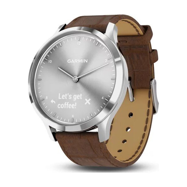 

GARMIN Vivomove HR Premium Silver Stainless Steel Case with Dark Brown Embossed Italian Leather Band