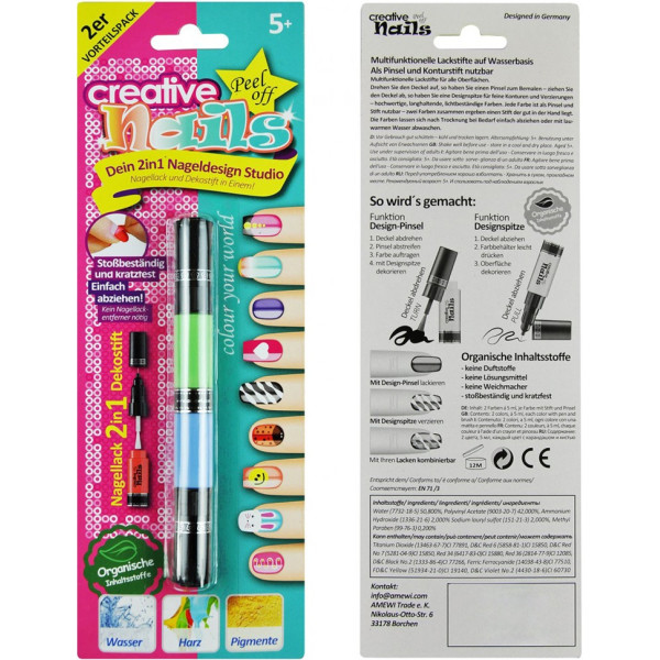 

Лак-карандаш для ногтей детский Creative Nails на водной основе (2 цвета зелёный + голубой)