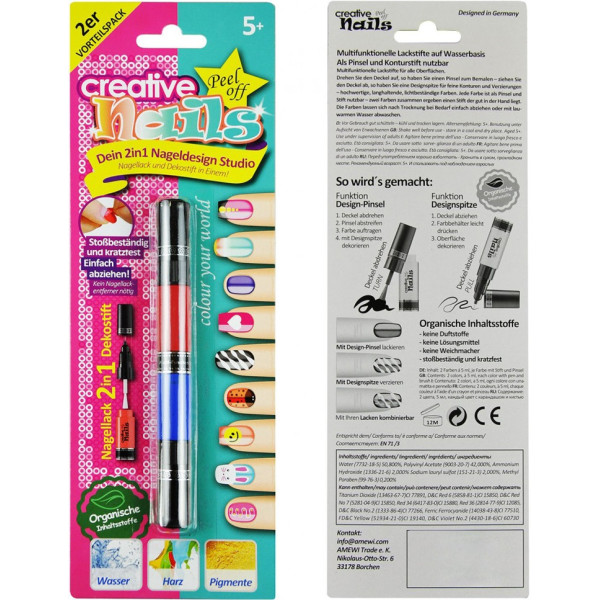 

Лак-карандаш для ногтей детский Creative Nails на водной основе (2 цвета малиновый + синий)