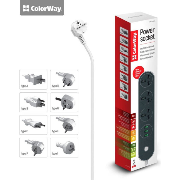 

СolorWay 3 розетки/3 USB black (CW-CHU33B) 1,8m