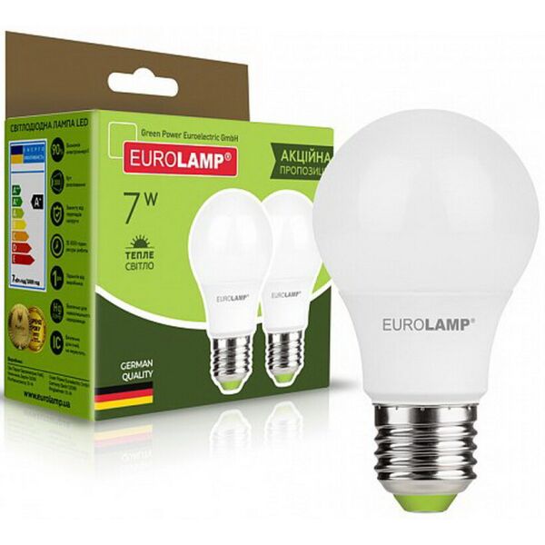 

Лампа светодиодная EUROLAMP A60 7W E27 3000K 2шт. (MLP-LED-A60-07272(E))