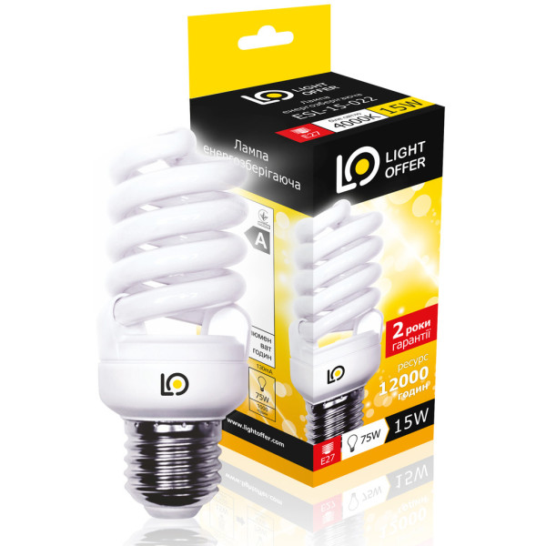 

Лампа энергосберегающая Light Offer Т2 Spiral ЕSL 15W E27 4000К 920 (ЕSL-15-022)