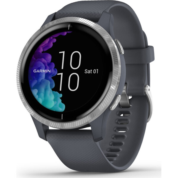 

GARMIN Venu Silver Stainless Steel Bezel with Granite Blue Case and Silicone Band (010-02173-02)