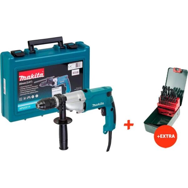 

Дрель ударная Makita HP2051H + кейс + набор сверл по металлу HSS-R Promotion (25 шт.) (HP2051HX)