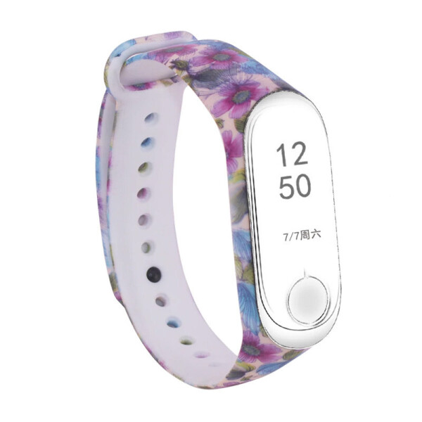 

Силиконовый ремешок с рисунком для Xiaomi Mi Band 3/4 (Фиолетовые цветы / Бежевый) (902982)