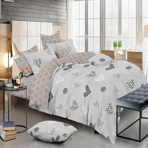Комплект постельного белья Уютная Жизнь Сердца на сером Сатин Семейный 150х220x2 (K-SN-120-PC-A-B)
